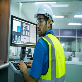 Engineer mechanic using a computer to carry out a reliability analysis on a machine in a large industrial factory.