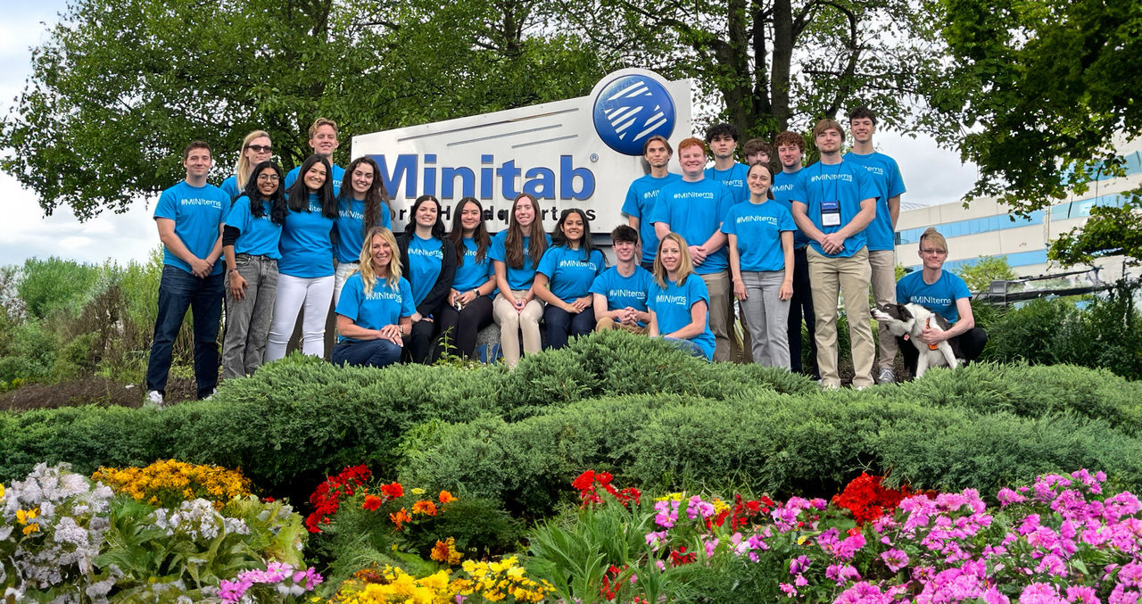 Minitab interns standing in front of Minitab headquarters sign