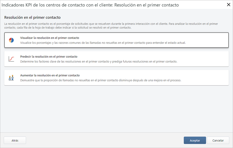 Captura de pantalla de posibles análisis de resolución de primer contacto