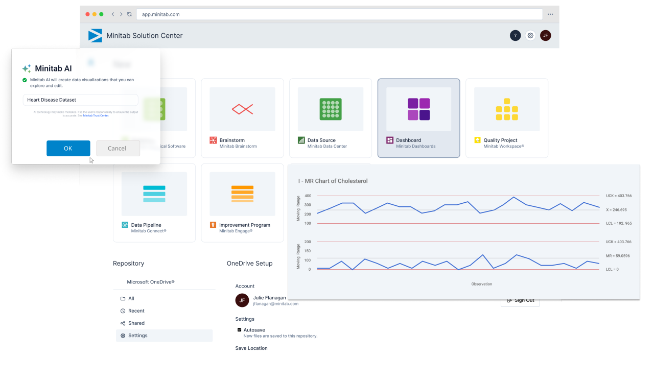 Tableau de bord de Minitab Solution Center avec un graphique MR et des recommandations d’intelligence artificielle.