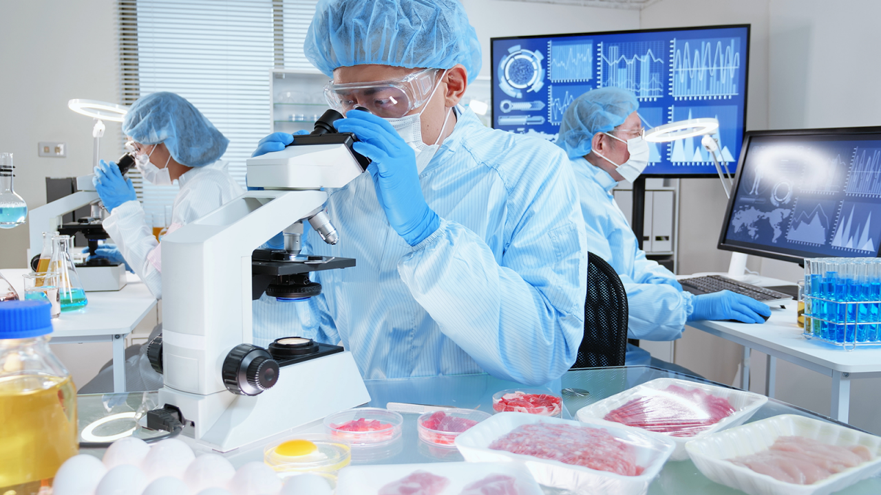 顕微鏡とコンピュータソフトウェアを使用して、食品汚染と食品の安全性を試験する食品ラボの3人の科学者。