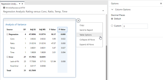 O menu de contexto de opções de tabela no aplicativo web Minitab Statistical Software