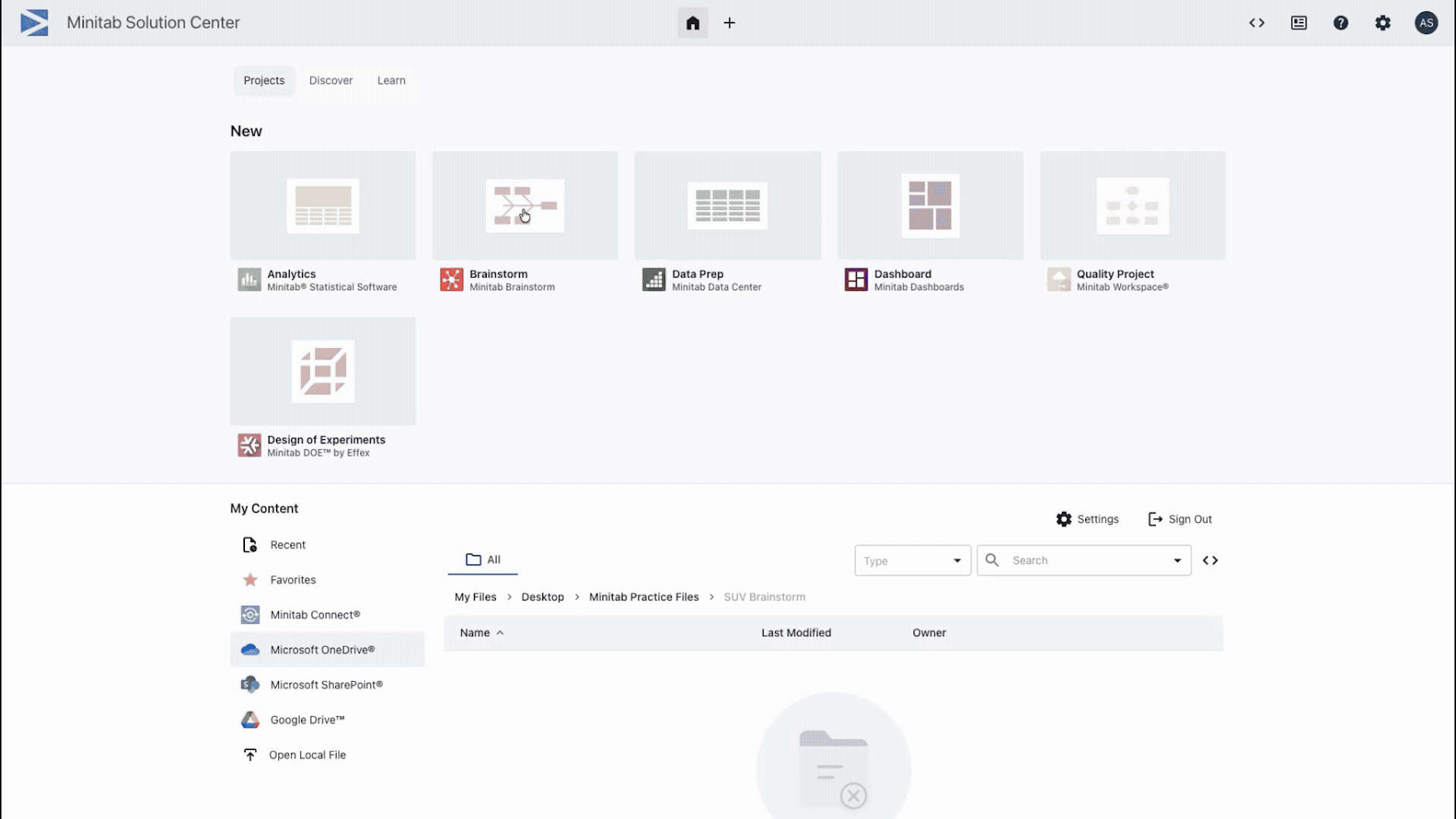 Minitab Solution Center Brainstorm 界面